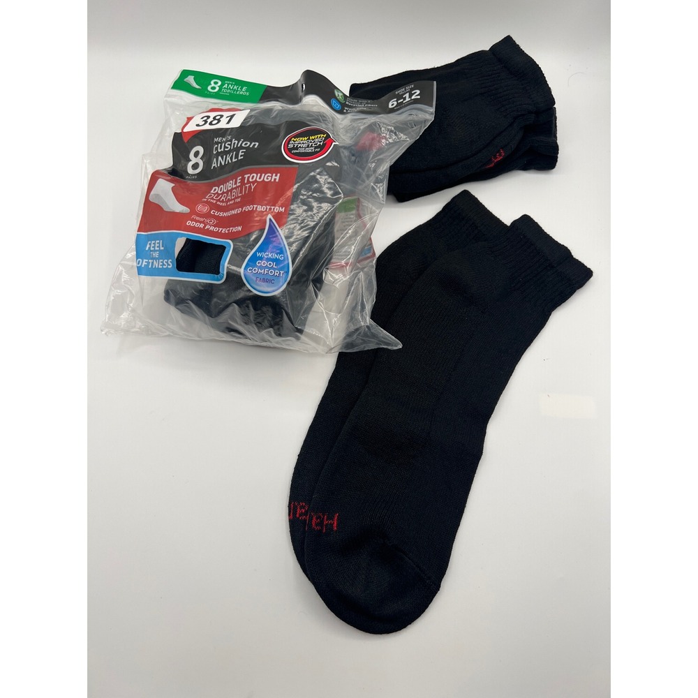 Hanes Mens Cushion Ankle Socks Black 7 Pairs Shoe Size 6-12 Double Tough FreshIQ